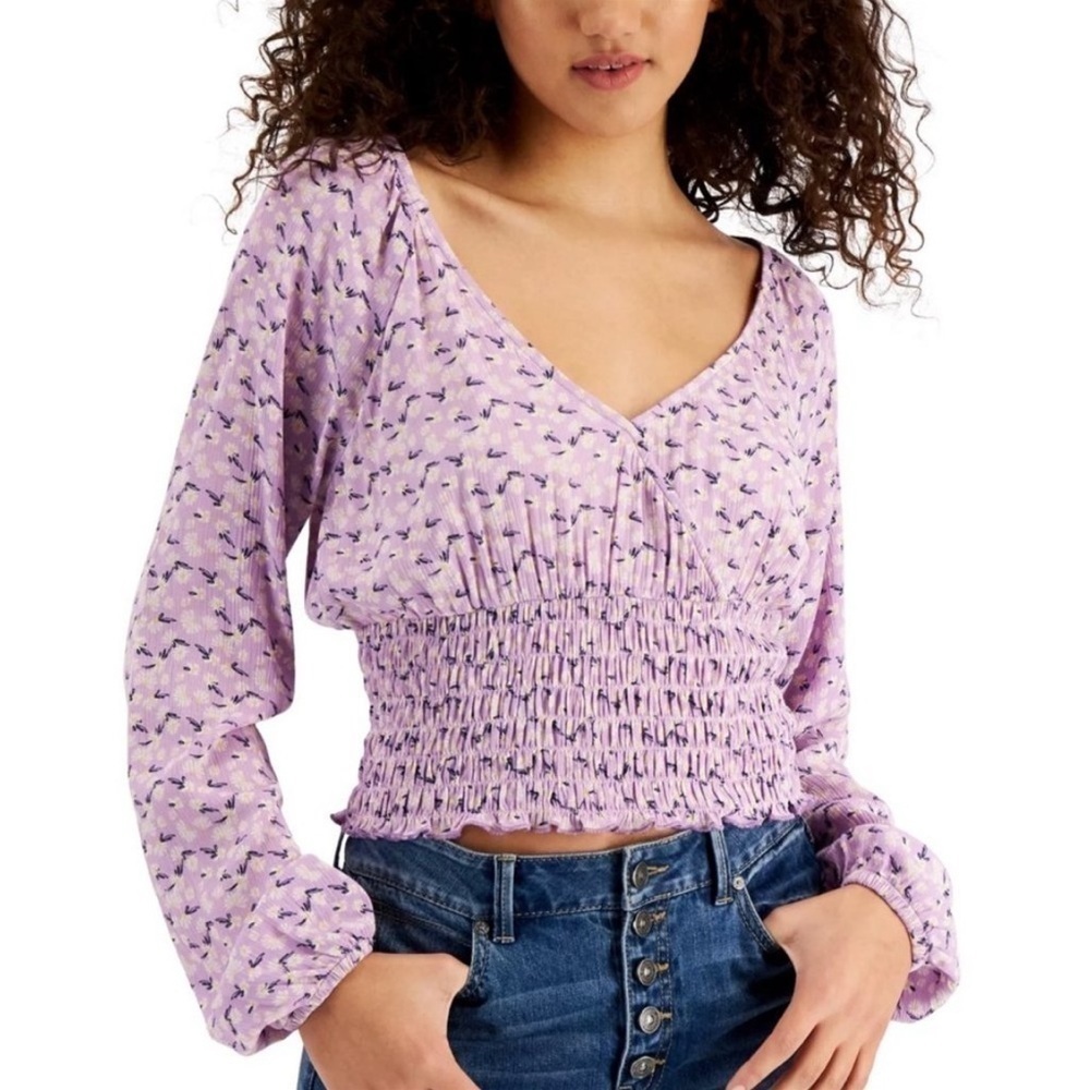 SELF ESTEEM Juniors' Floral-Print Surplice Smocked-Hem Top shirt Orchid Bloom L